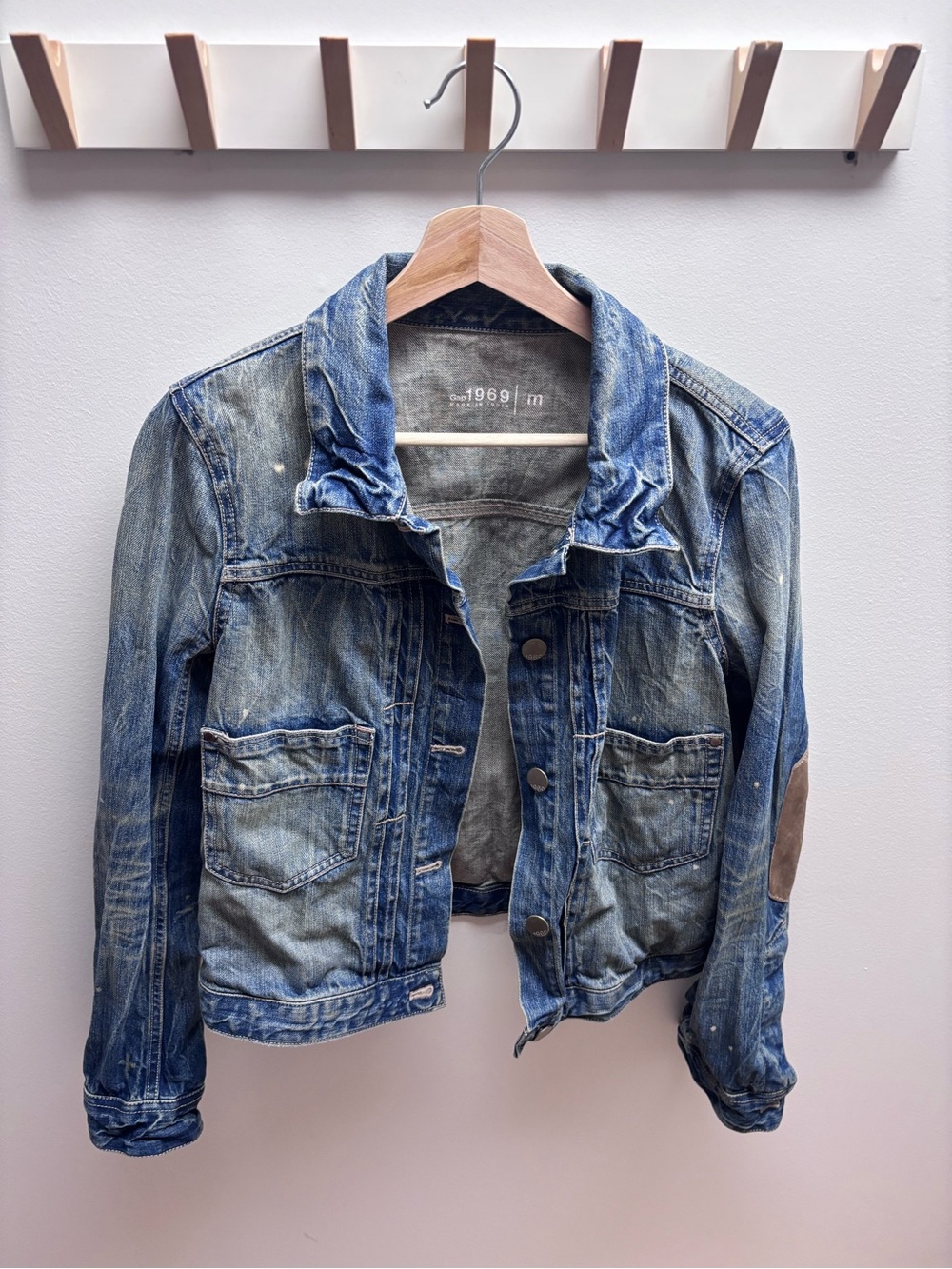 GAP Blue Denim Distressed Jacket with Elbow Patches